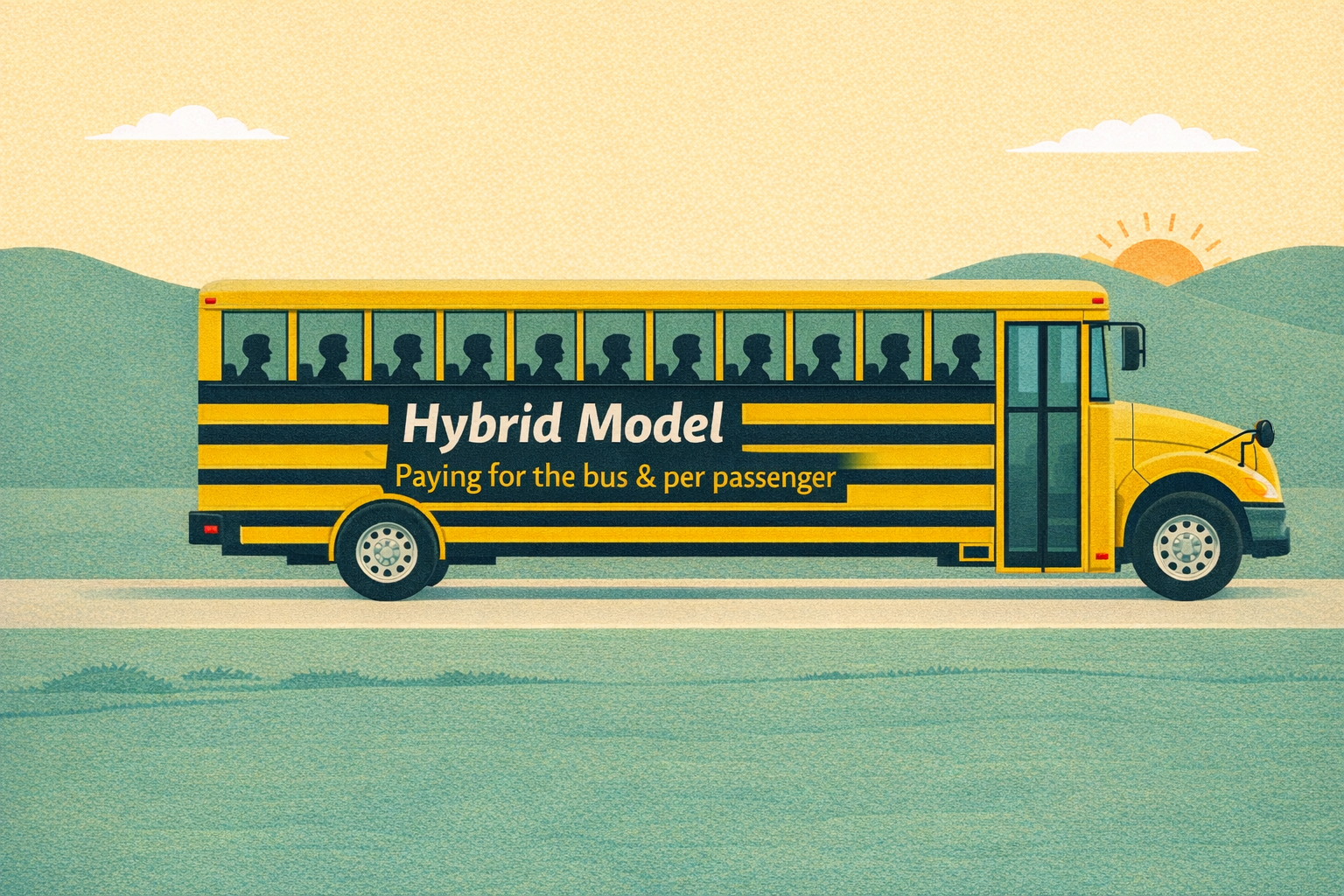 A yellow school bus with the words Hybrid Model