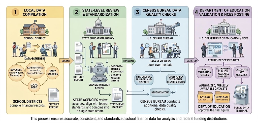 Illustrated four-step workflow showing how U.S. school finance data is collected, reviewed, standardized, and published. Step 1: School districts compile local financial data, including revenues, expenditures, staff salaries, and debt, into district reports. Step 2: State education agencies review district reports, apply NCES standards, check data quality, and generate a standardized state-level dataset. Step 3: The U.S. Census Bureau conducts additional quality checks, reviews unusual values, cross-checks 