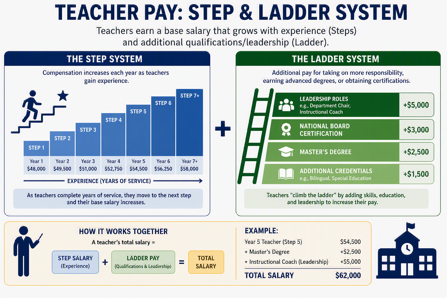 Infographic titled “Teacher Pay: Step & Ladder System” explaining how teacher compensation increases through experience, qualifications, and leadership responsibilities. On the left, a blue “Step System” graphic shows annual salary increases tied to years of service, progressing from Step 1 ($48,000 in Year 1) to Step 7+ ($58,000 in Year 7+). On the right, a green “Ladder System” graphic shows additional compensation for professional achievements and responsibilities, including leadership roles (+$5,000), National Board Certification (+$3,000), a master’s degree (+$2,500), and additional credentials such as bilingual or special education certifications (+$1,500). At the bottom, a diagram explains that a teacher’s total salary equals step salary (experience) plus ladder pay (qualifications and leadership). An example shows a Year 5 teacher earning a base salary of $54,500, plus $2,500 for a master’s degree and $5,000 for an instructional coach leadership role, resulting in a total salary of $62,000. The infographic uses blue and green color schemes with step and ladder illustrations to visually represent the two components of teacher compensation.